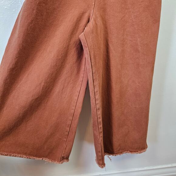 Wishlist Denim Wide Leg Overalls Jumpsuit L Rust Brown Cropped Raw Hem - Picture 3 of 12